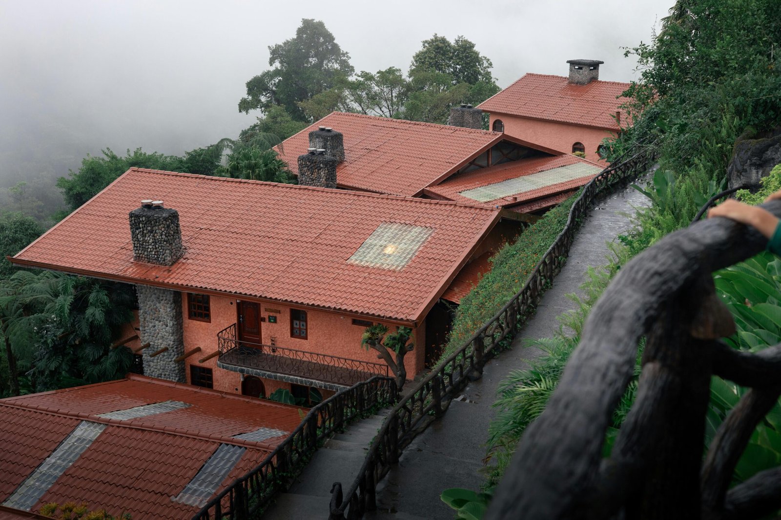 Cozy lodge nestled in a misty forest with red rooftops and lush greenery.